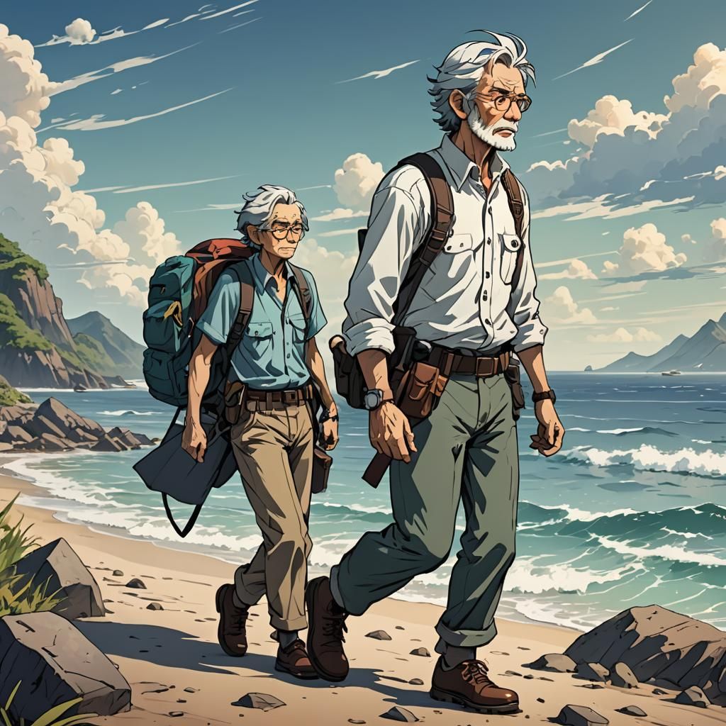 Anime-Style Geologist Walks by the Sea