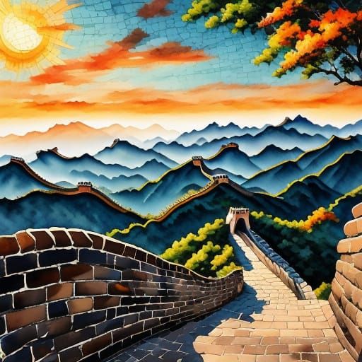Great Wall of China in Neon Watercolor Style
