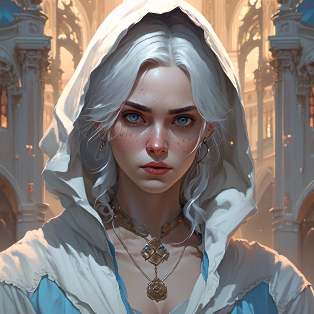 Snow White Haired Woman Portrait in Anime Style