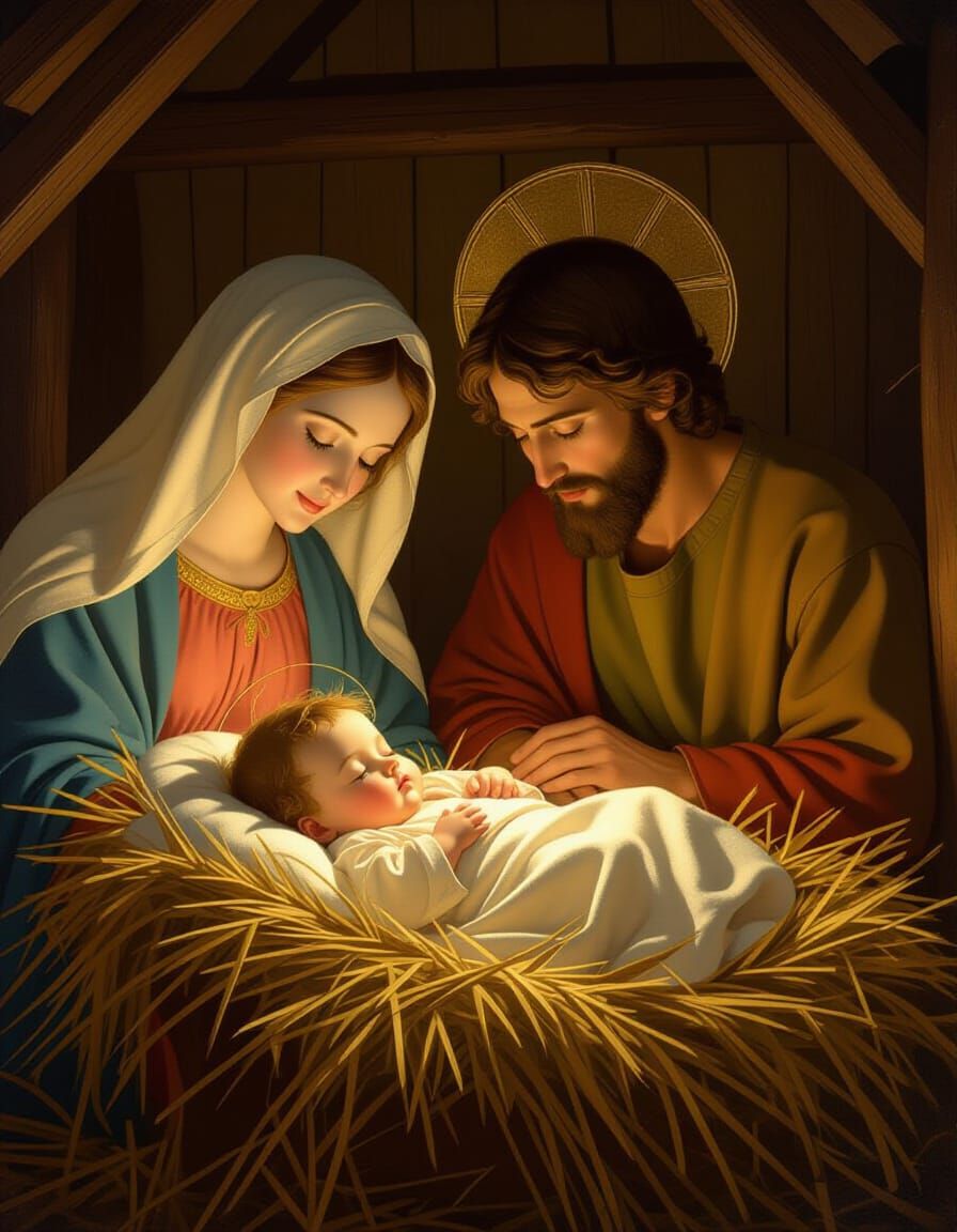 Baby Jesus in Manger with Mary and Joseph, Renaissance Style