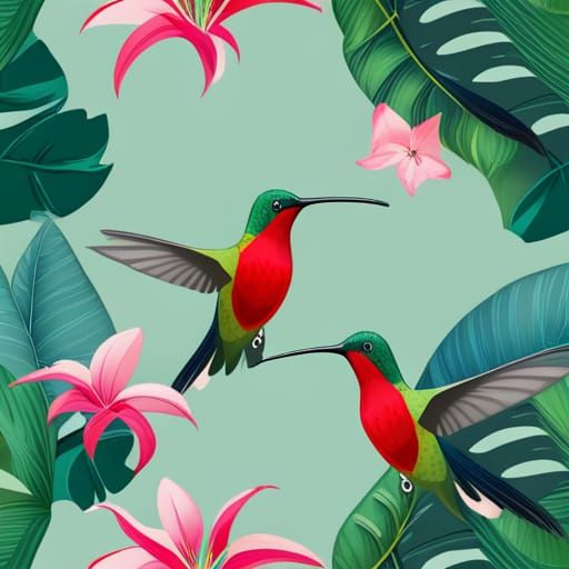 Hummingbirds in a Vibrant Tropical Jungle Scene