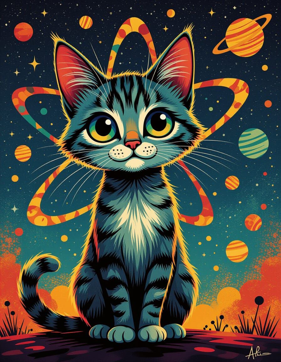 Mid-Century Folk Art Cat in Space