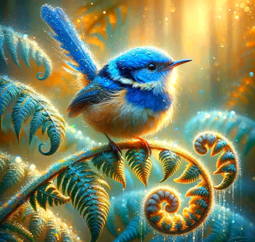 Blue Wren in Rainforest: Watercolor Oil Painting