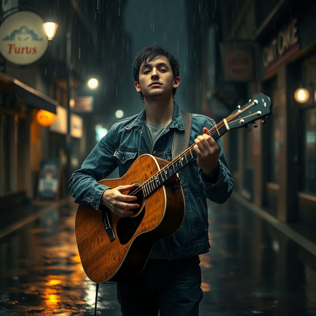 Musician Plays Guitar in Torrential Rain