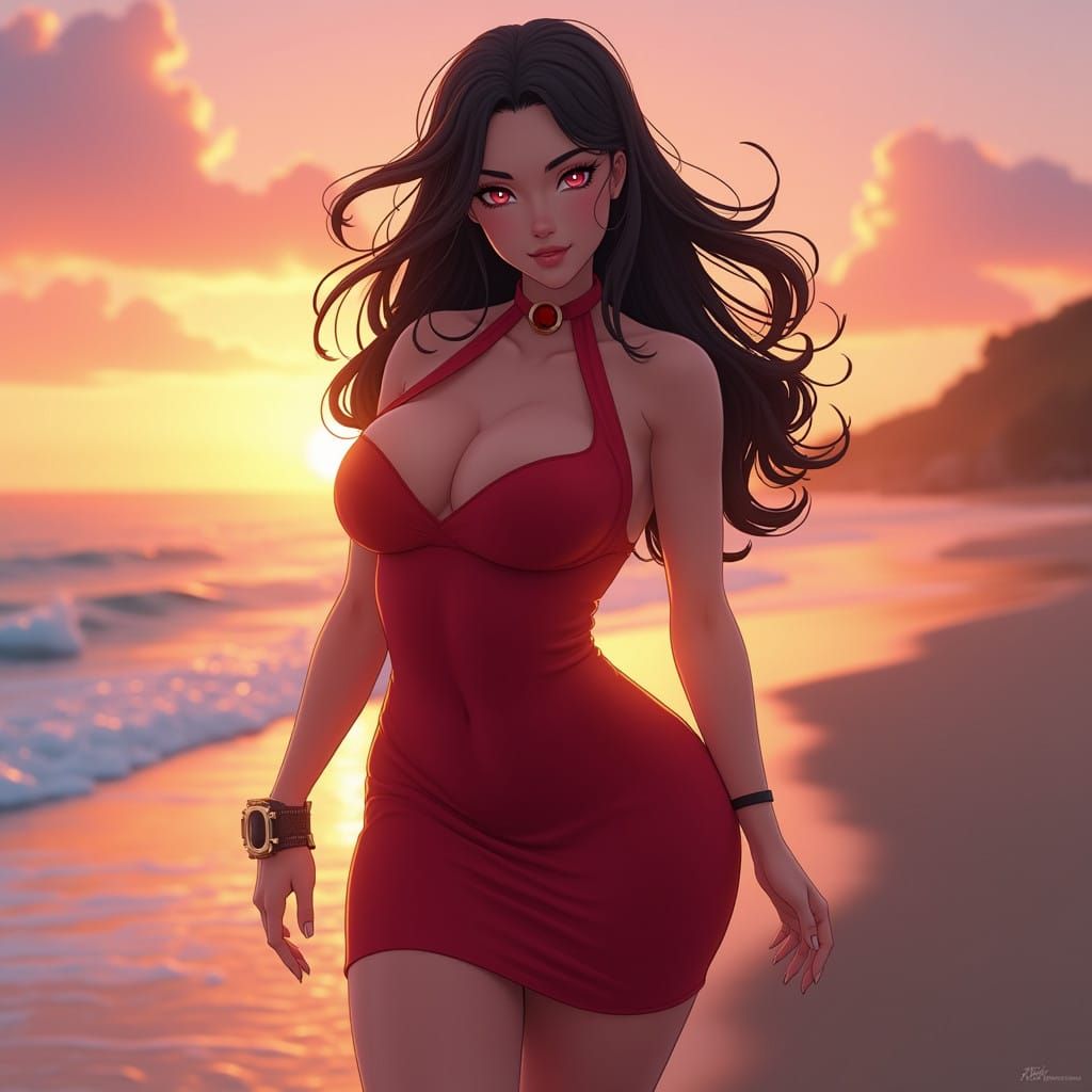 Curvaceous Loona Walks Beach at Sunset in Vibrant 3D Anime S...