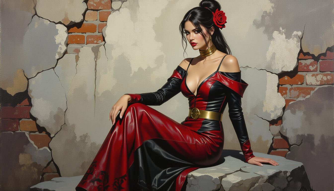 Woman in Distressed Leather Dress, Gouache Oil Painting