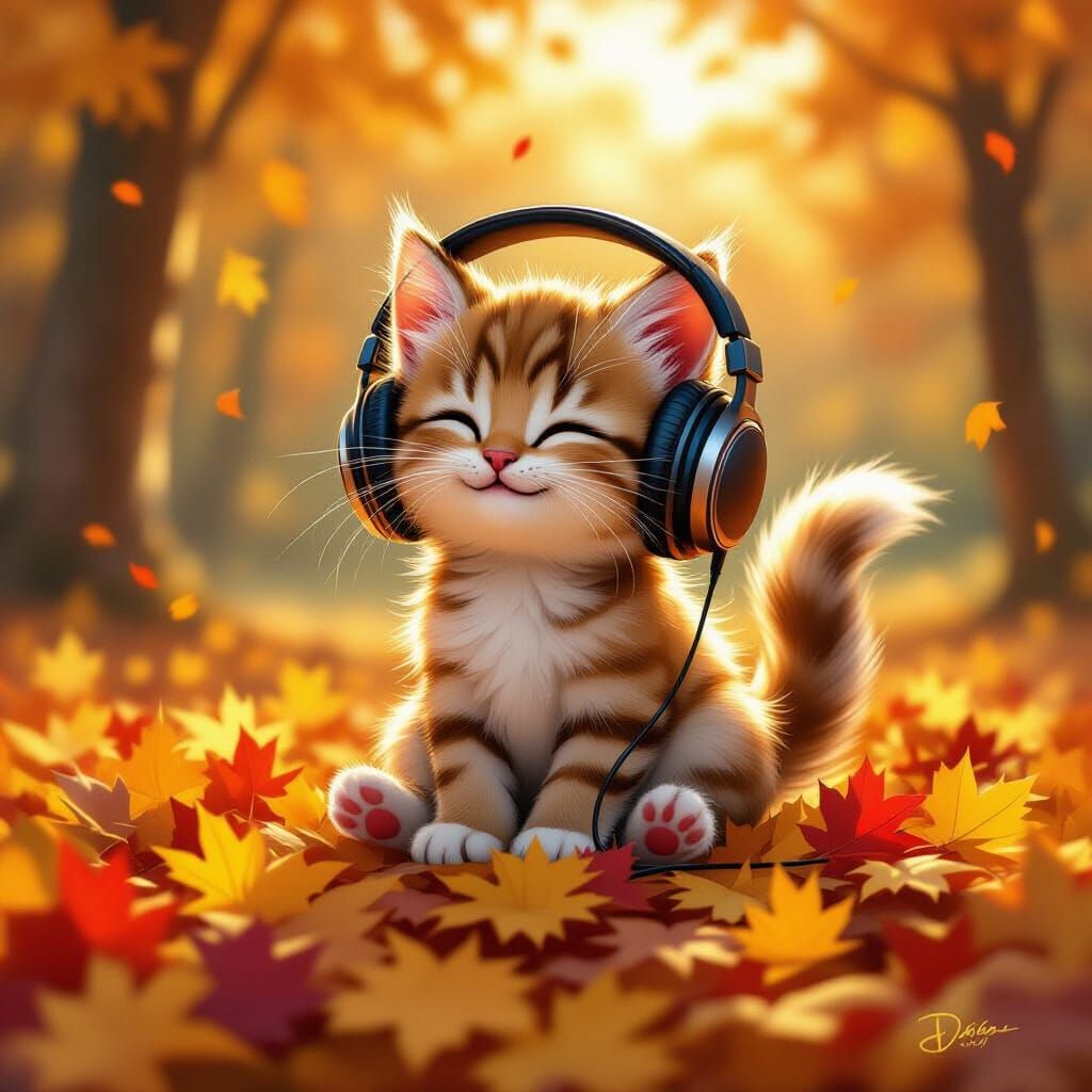 Cute Kitten Listens to Rock Music Amidst Autumn Leaves