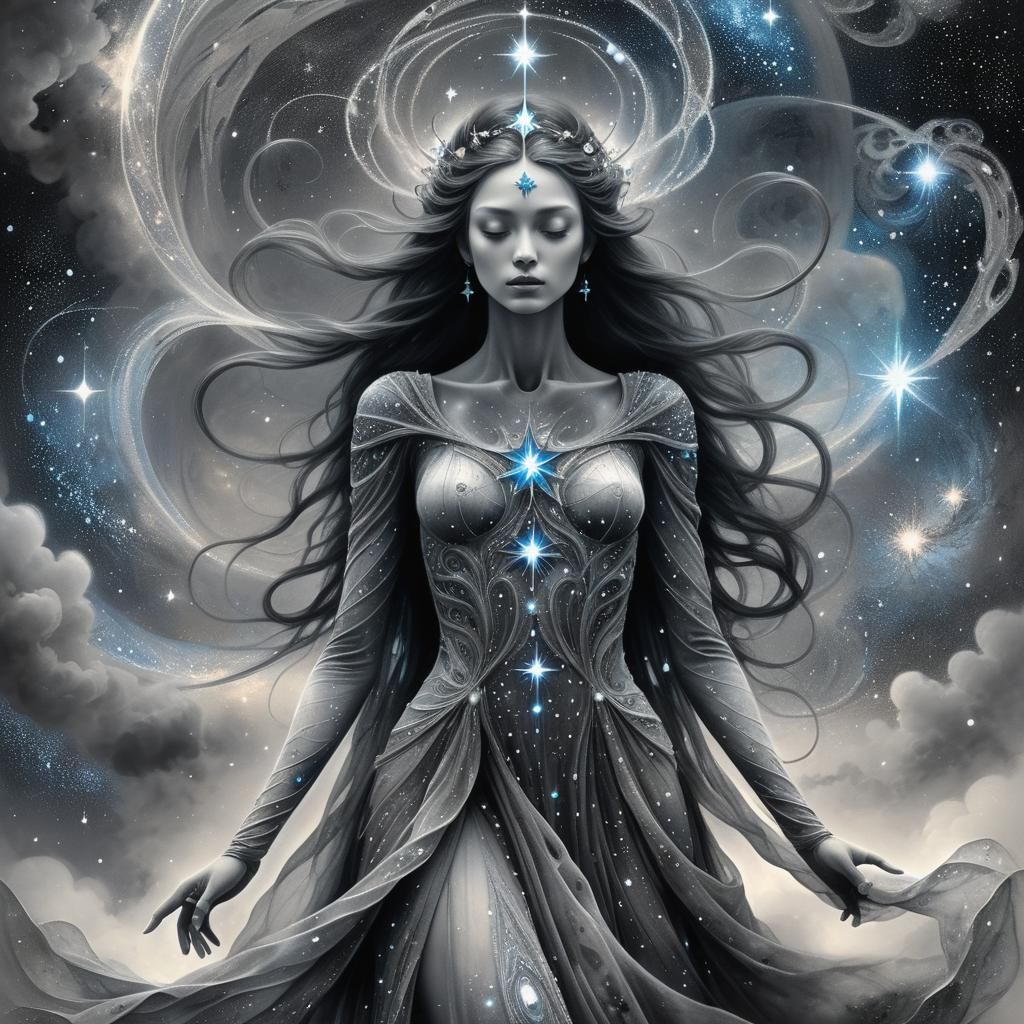 Celestial Goddess in Gothic Charcoal Style