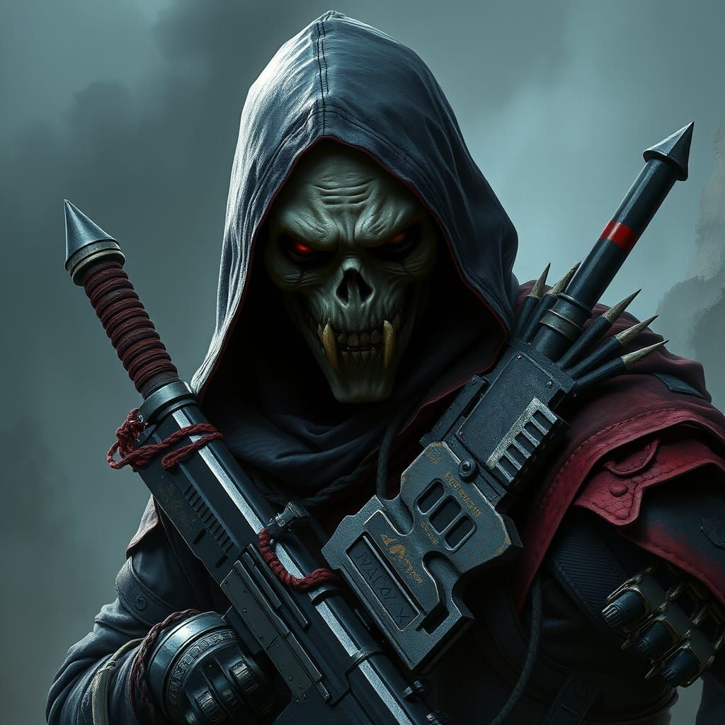 Menacing Assassin in Haunting Fantasy Landscape