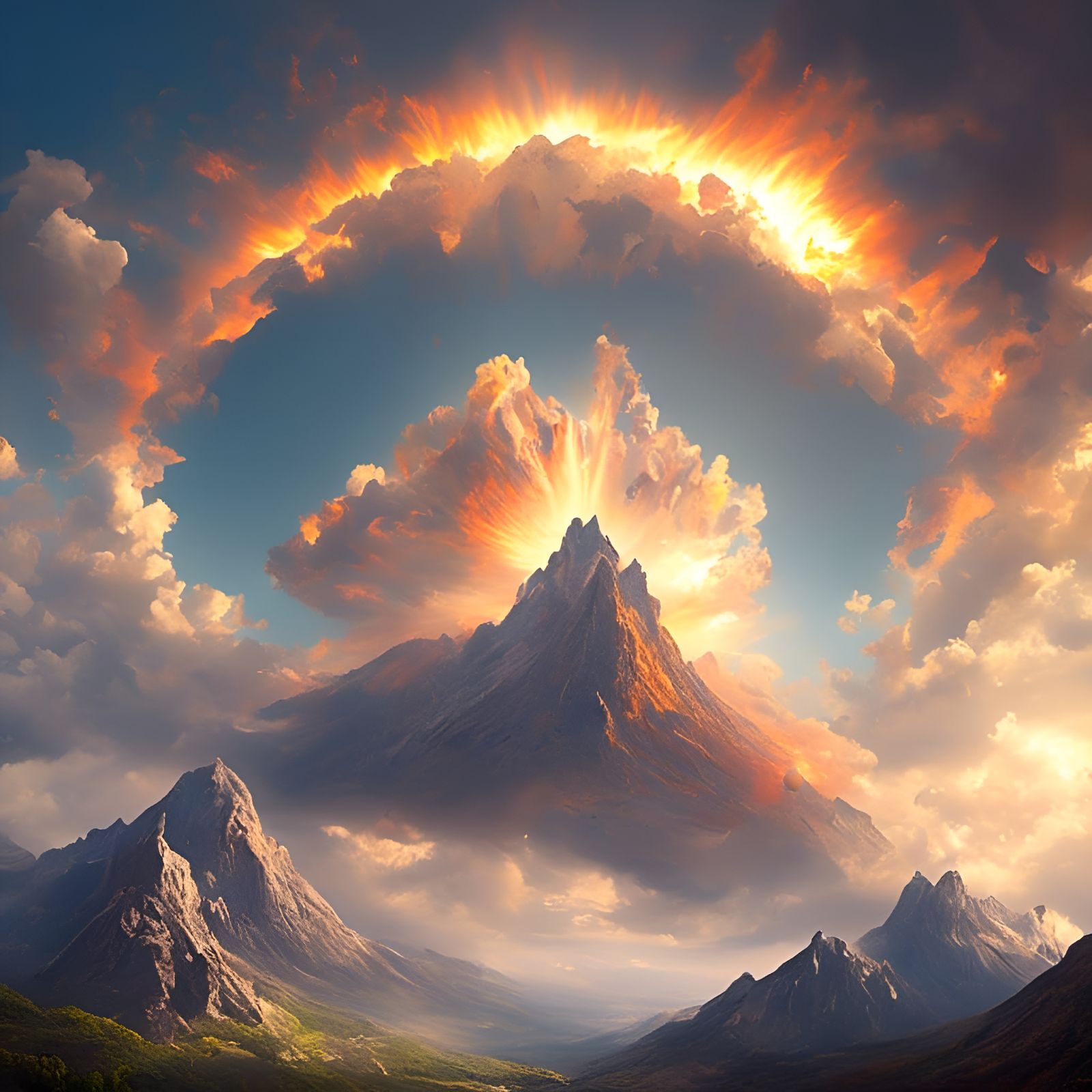Fiery Mountain with Halo Parhelion Effect