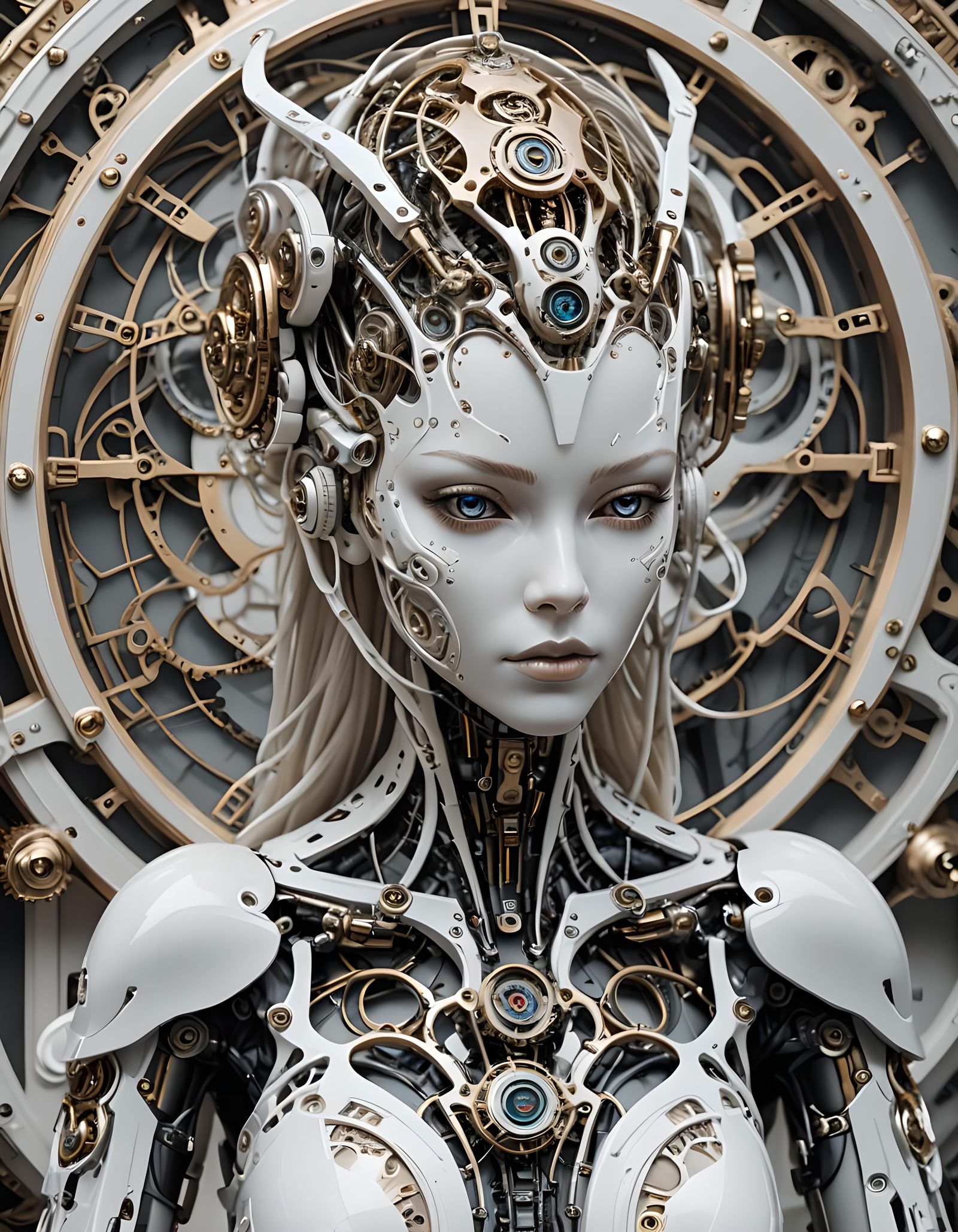 Biomechanical Cyborg Statue on Clock, Digital Artwork
