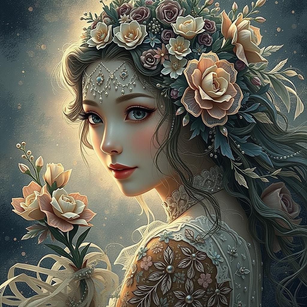 Woman with Floral Headdress in Digital Painting Style