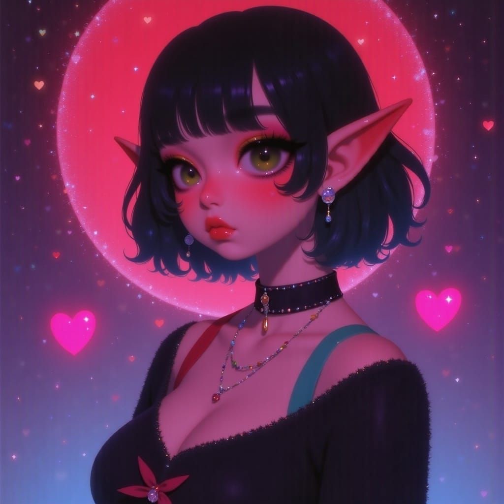 Whimsical Portrait with Exaggerated Eyes and Glitter