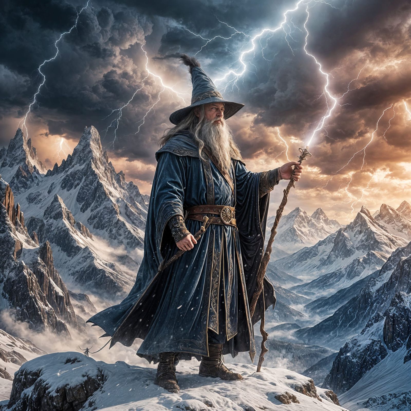 Wizard Staff Lightning Strikes Snowy Mountains