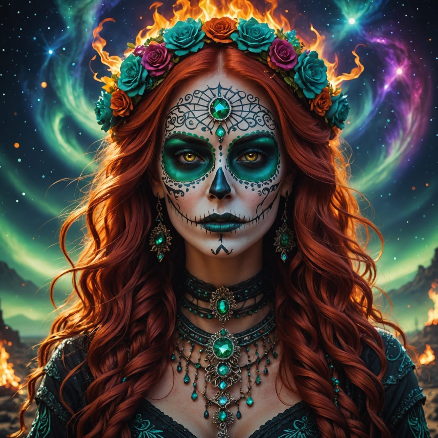 Vibrant Day of the Dead Goddess Emerging from Celestial Gala...