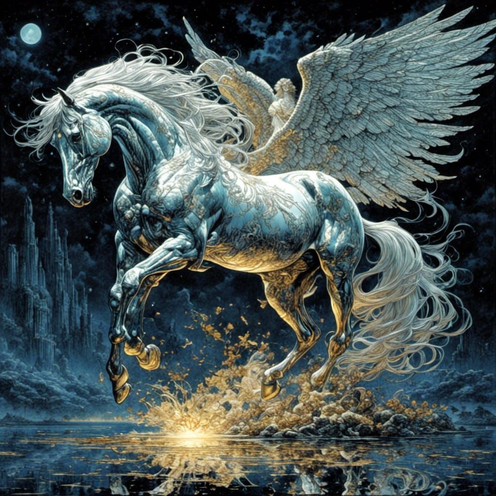 Electroluminescent Winged Horse in Painterly Cartoon Style