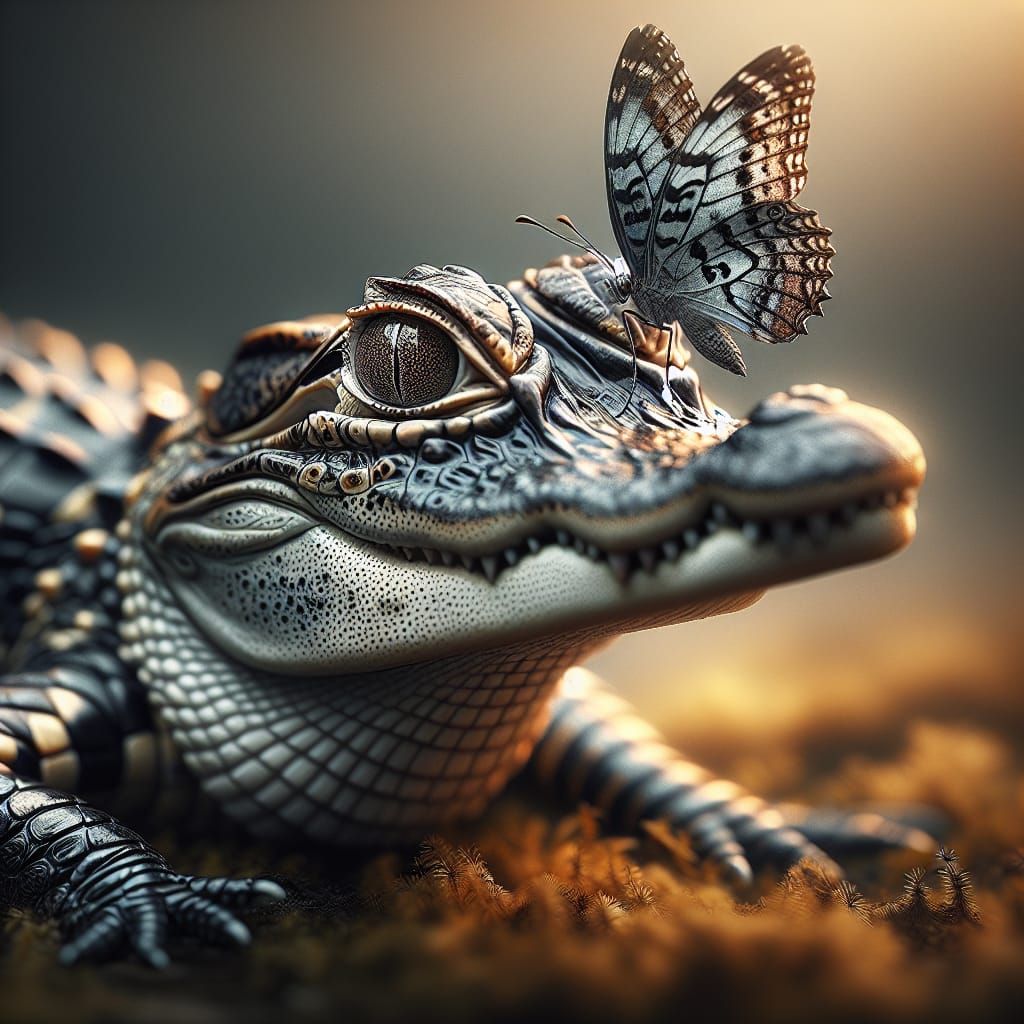Baby Alligator with Butterfly in Hyperrealistic HDR