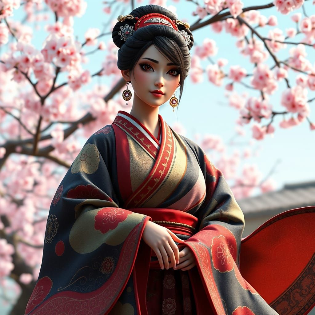 Asian Woman in Kabuki Robe and Cherry Blossoms