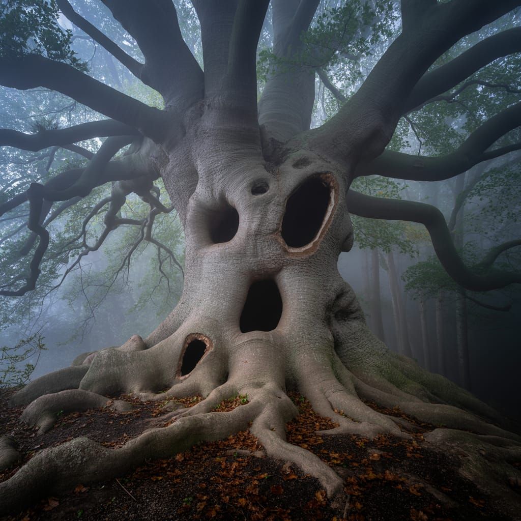 Ancient Gnarled Oak in Foggy Forest
