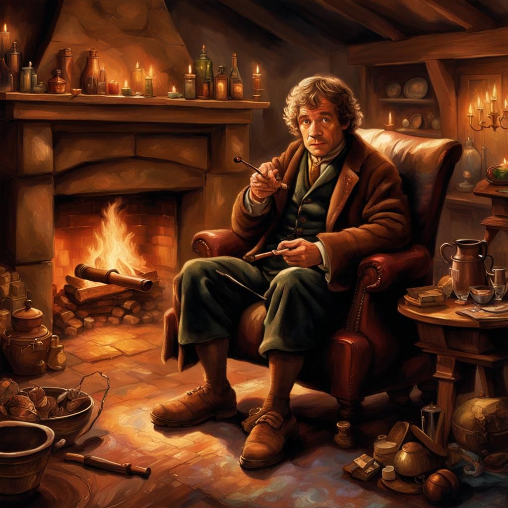 Bilbo Baggins Smoking Pipe by Fire in Kinkade Style