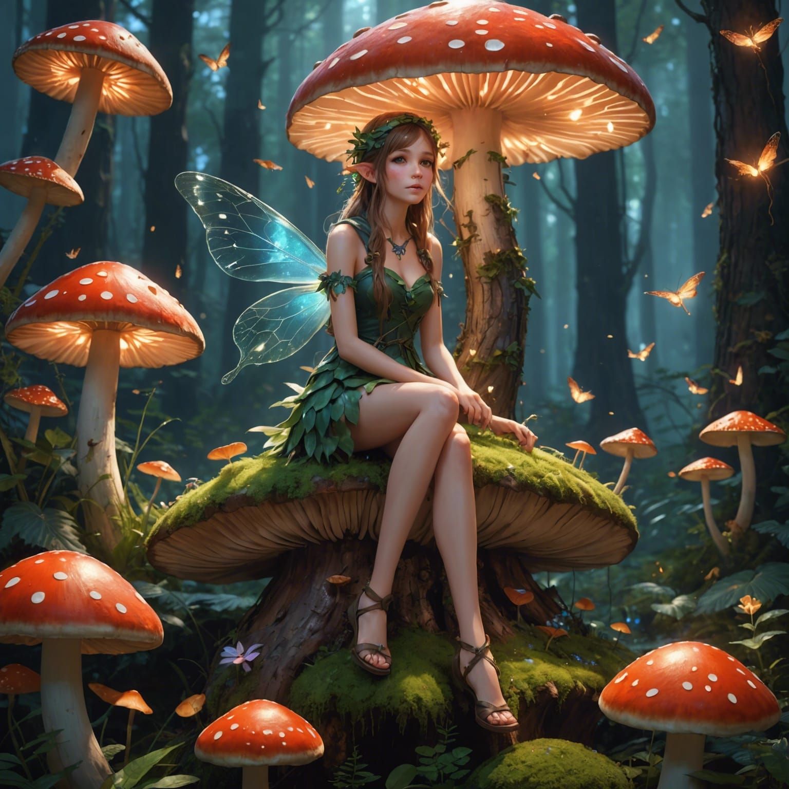 Forest Fairy on Mushroom in 3D Anime Style