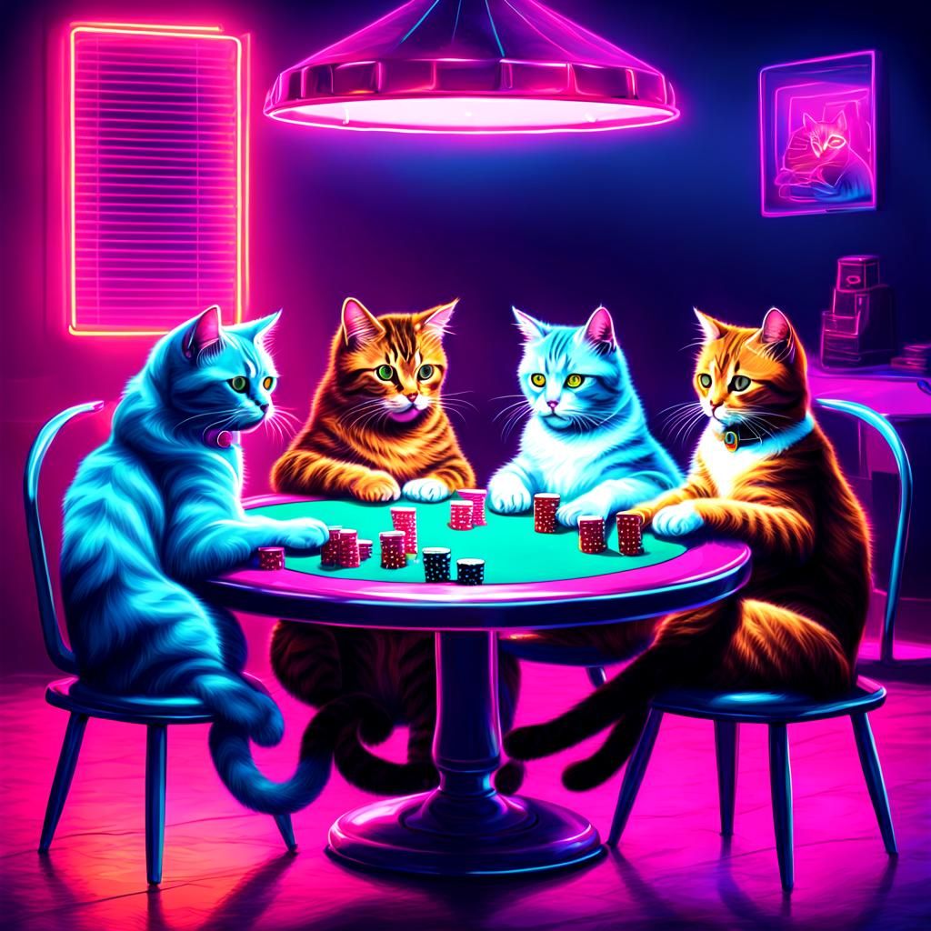 Cats Playing Poker in Synthwave Neon Style