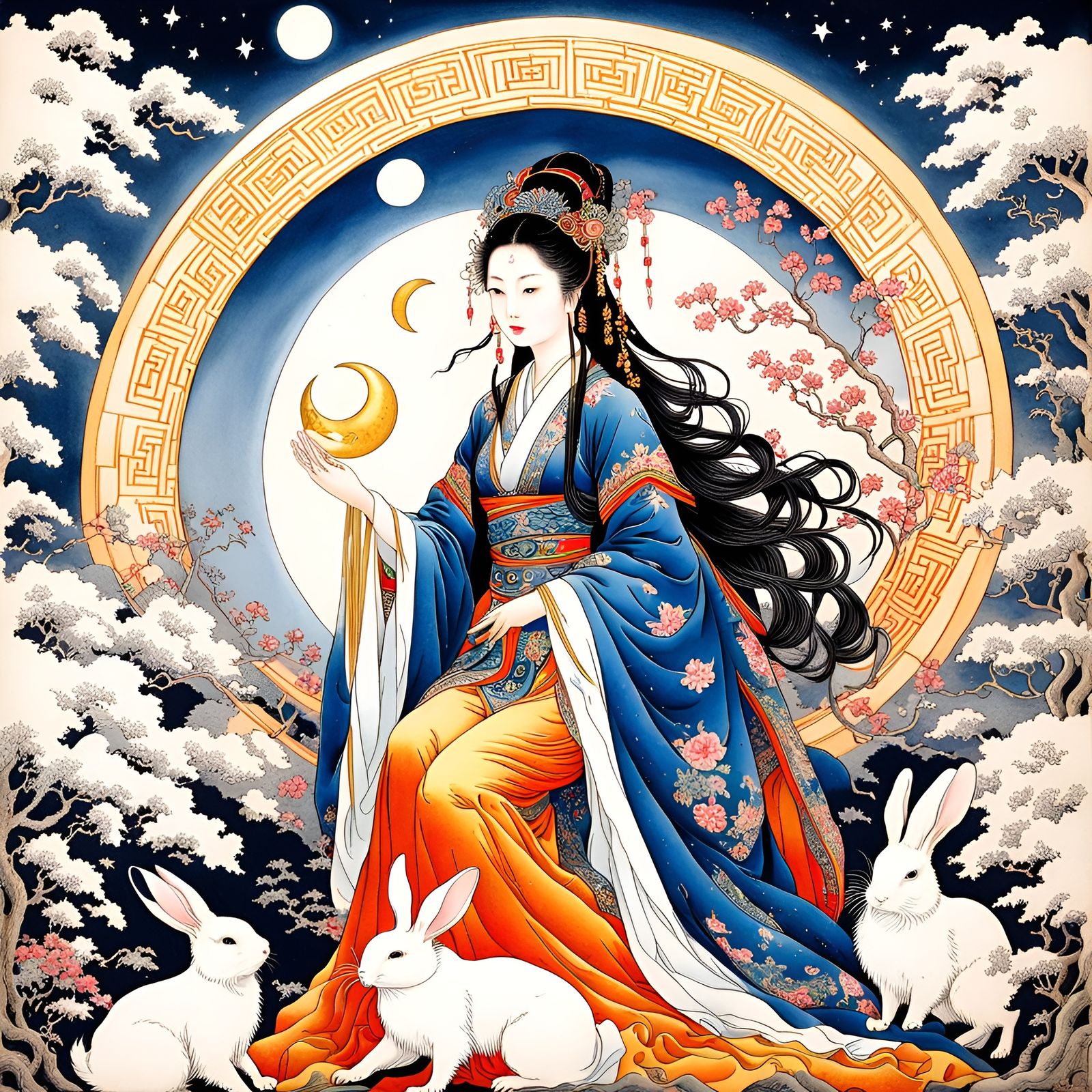 Chang’e 嫦娥, the Goddess of the Moon with her Moon Rabbit Pets (Chinese Mythology)