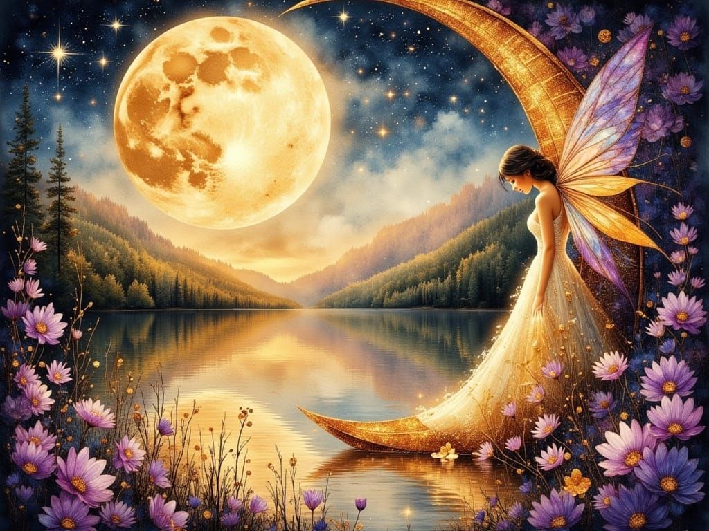 Fairy in Crescent Moon Landscape, Gritty Grunge Watercolor