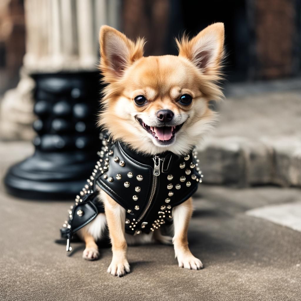 Pomeranian Chihuahua Mix in Studded Leather Outfit