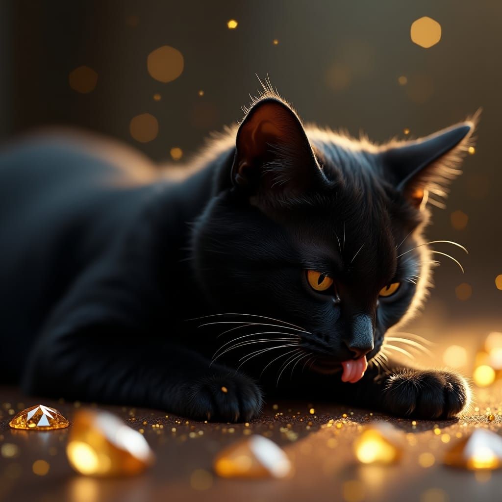 Black Cat Surrounded by Diamonds in Matte Painting Style