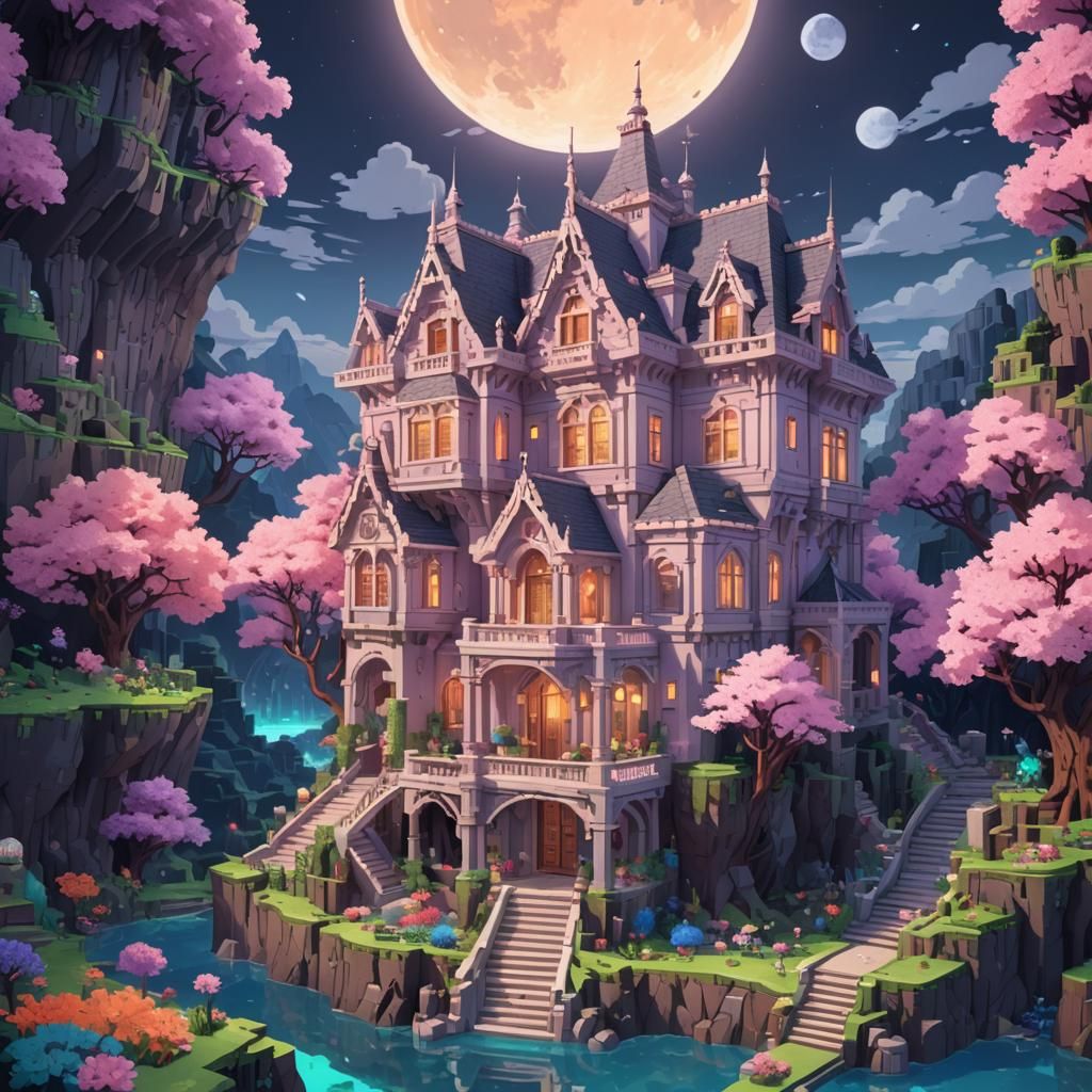 Surreal Moonlight Mansion in Pastel Colors