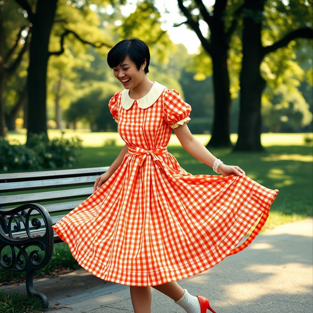 Playful Young Man in Vibrant Gingham Dress