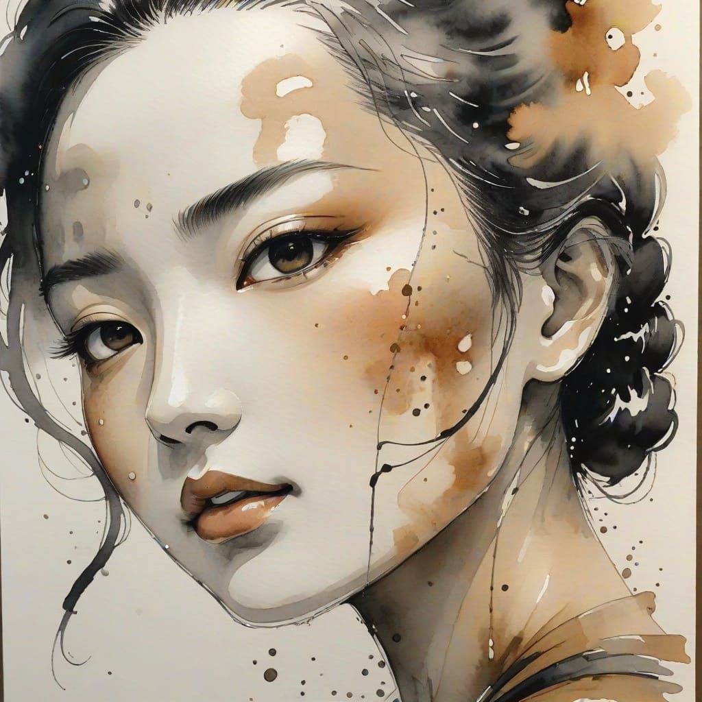 Sumi-e Portrait of a Curvy Woman with Wet Skin