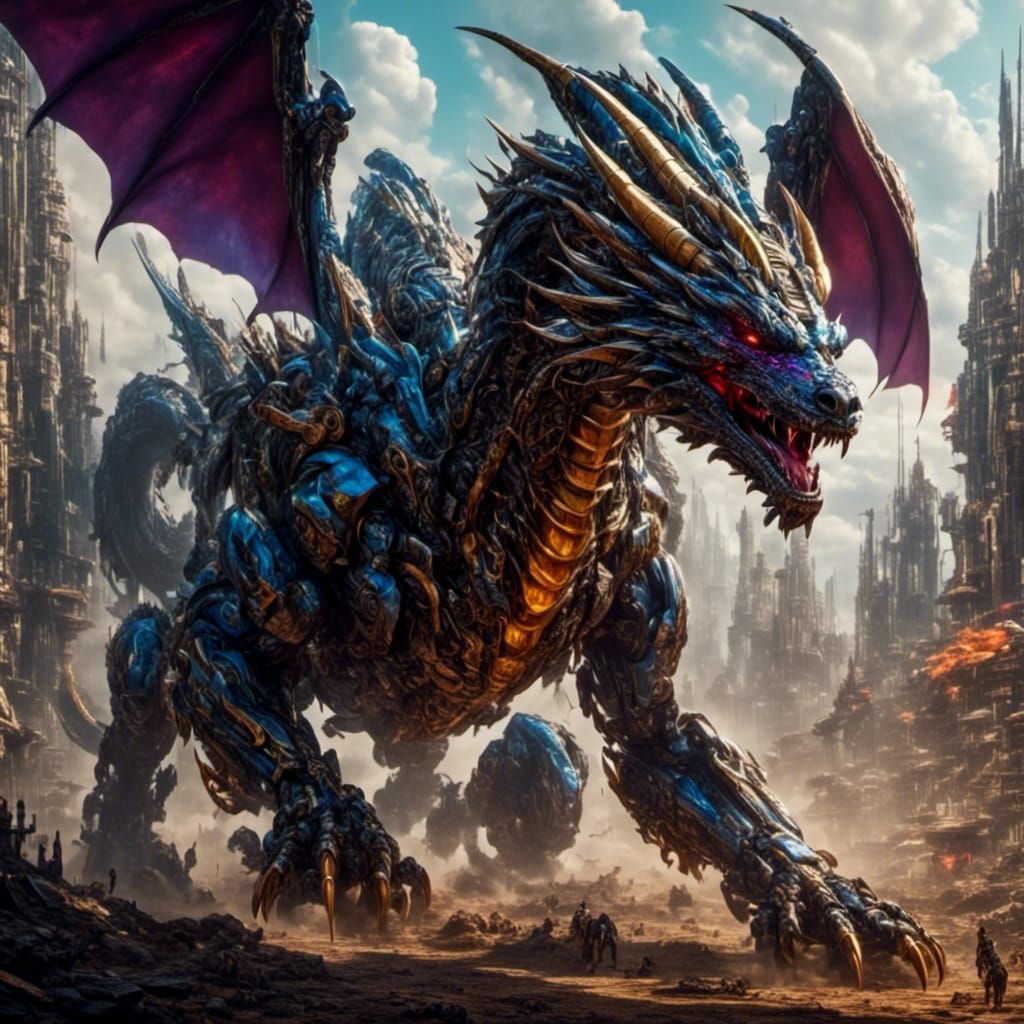 Gigantic Mecha Dragon Concept Art in Hyperrealistic Style