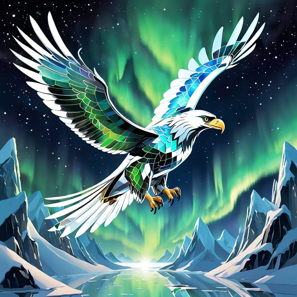 Chrome Eagle Soaring Under Arctic Aurora