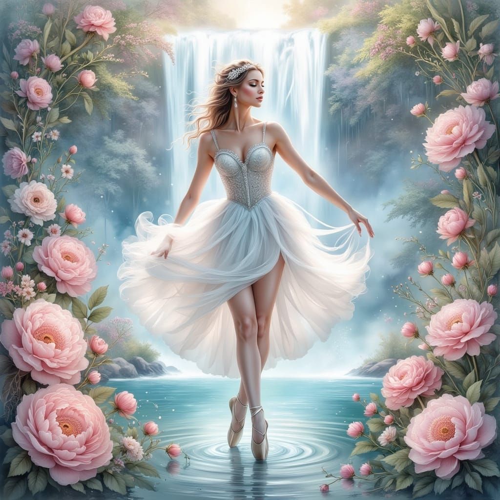 Ballerina Dancing by Waterfall in Mixed Artistic Style