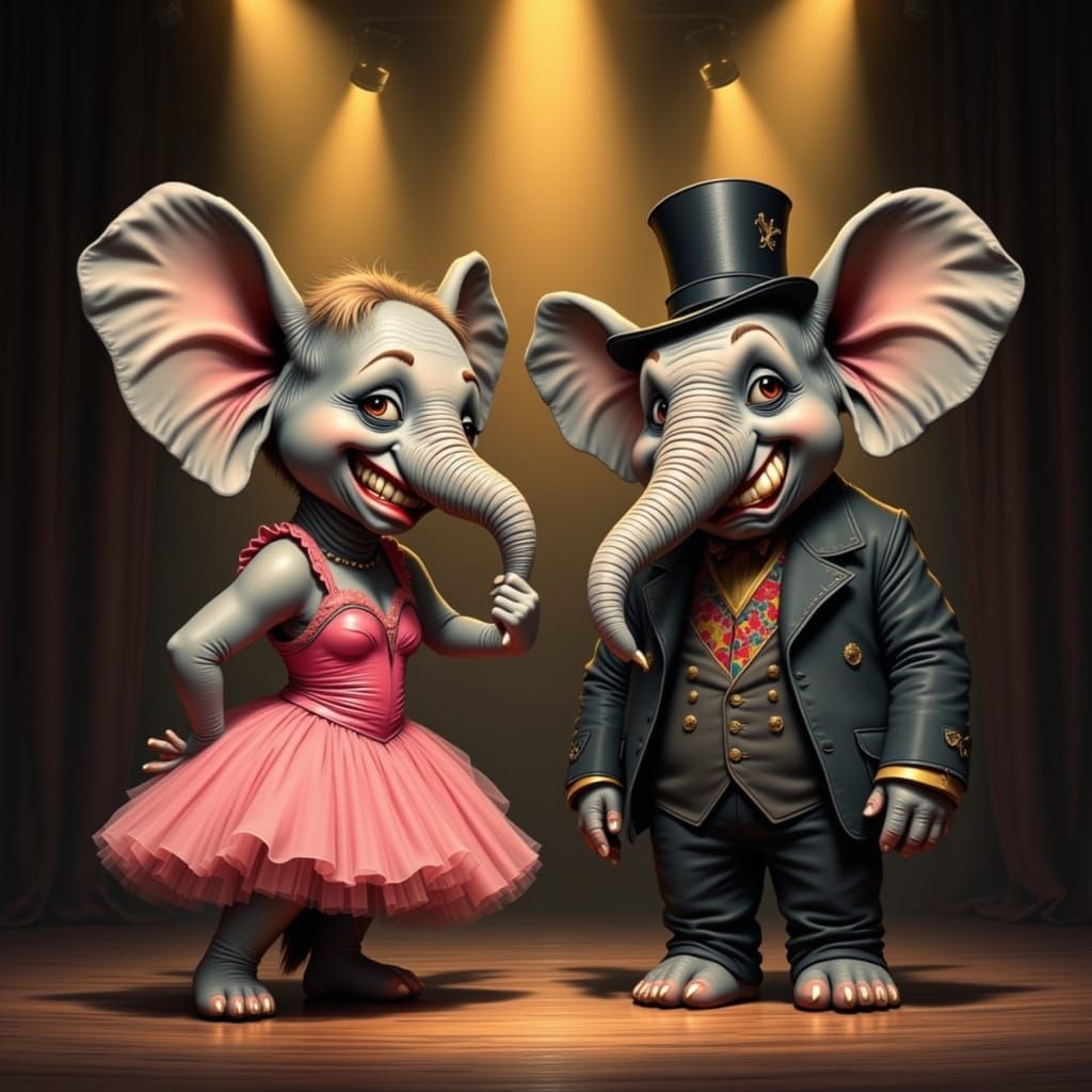 Elephants in Tutu and Top Hat Under Golden Spotlights