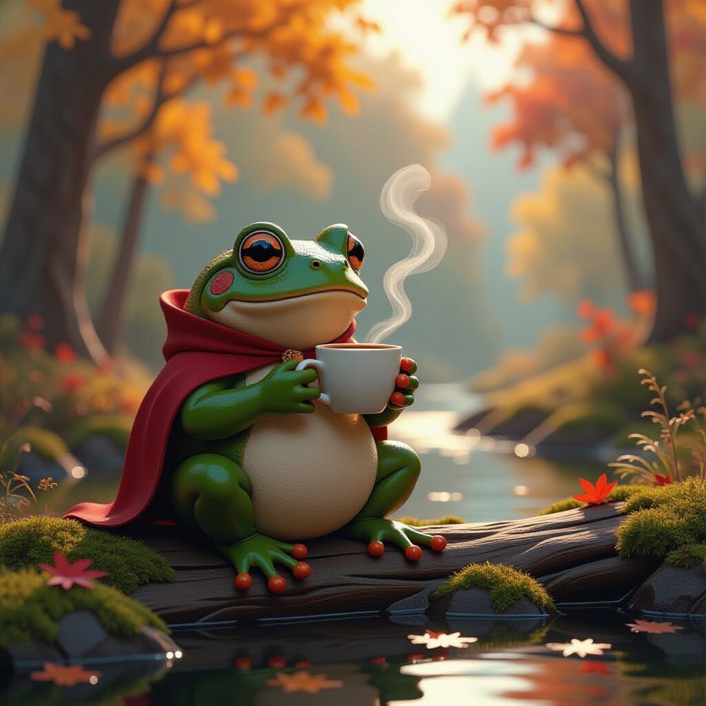 Frog and Toad Character Enjoys Coffee in Autumn Forest