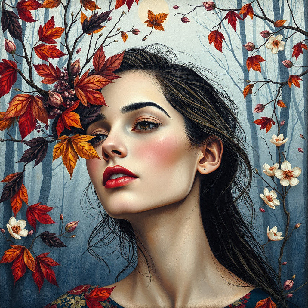 Autumnal Woman Portrait as an Impressionistic Gouache