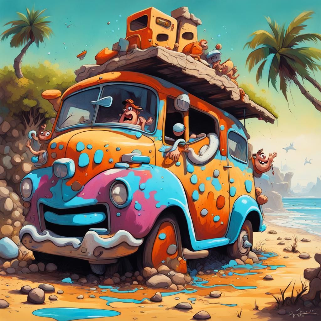 The Flintstones at the Beach in Graffiti Style