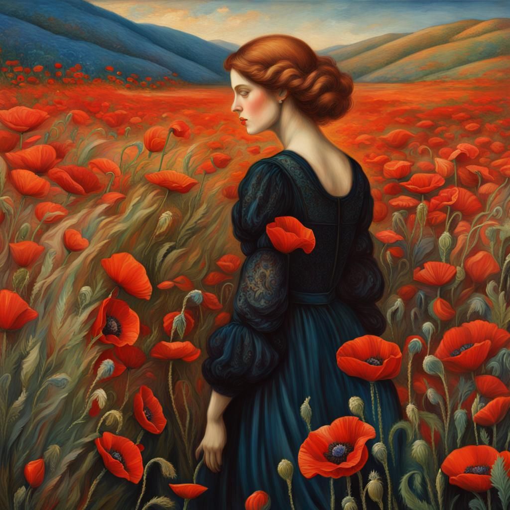 Woman in Poppies: Pre-Raphaelite Style Art