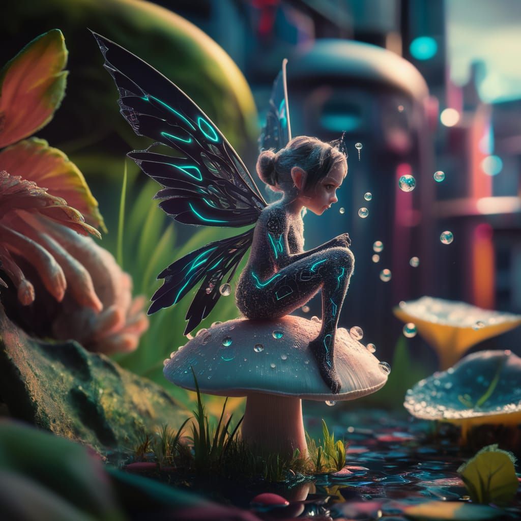 Cyberpunk Fairy on Mushroom: Macro Photography