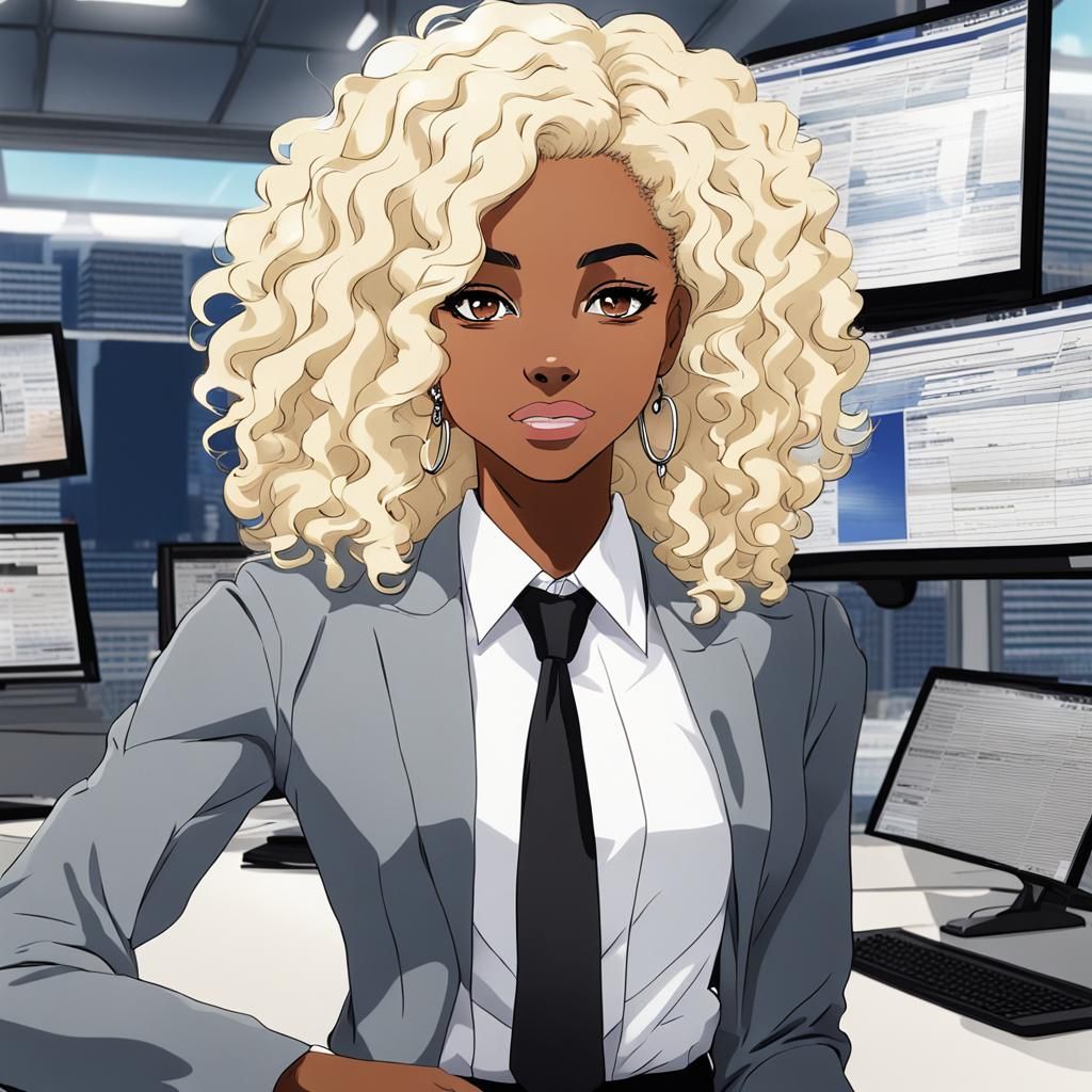 Anime-Style News Reporter with Bleach Blonde Curly Hair