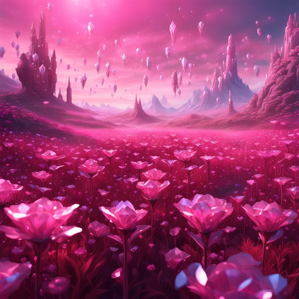 Pink Crystal Flowers in a Field: Fantasy Art