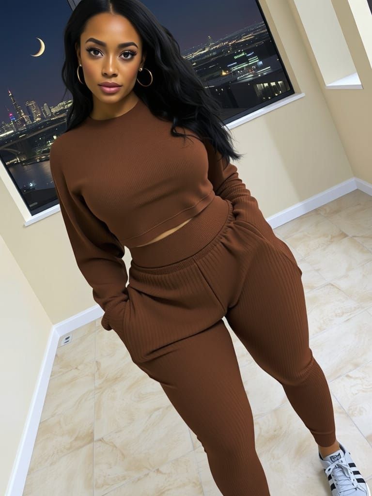 Black Woman in Red Sweat Suit, City Skyline View