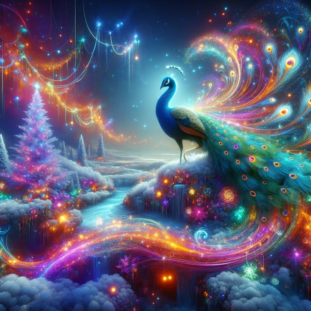 Christmas Fantasy with Peacock and Glowing Lights