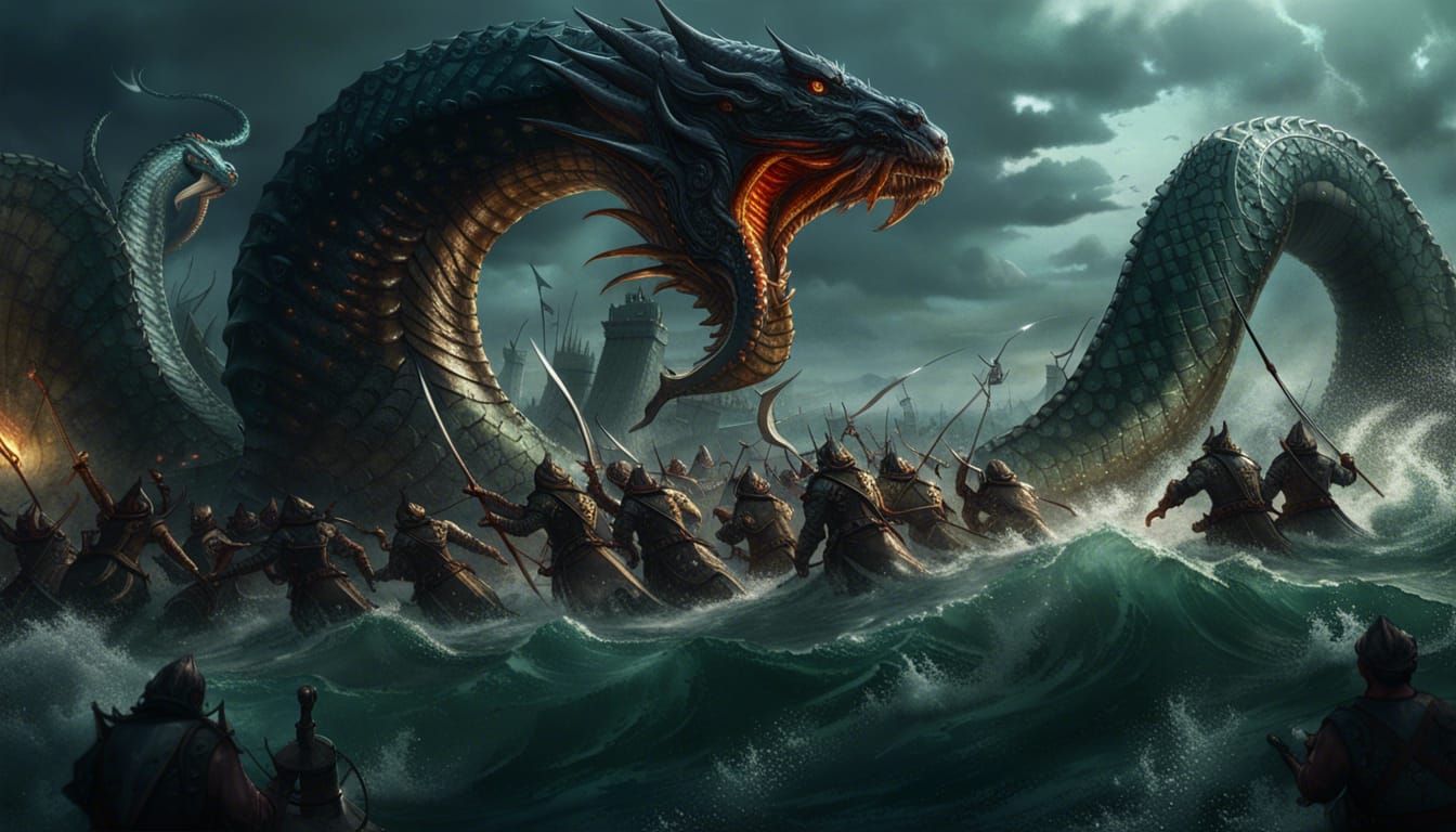 Epic Sea Serpent vs Army: Dark Fantasy Art