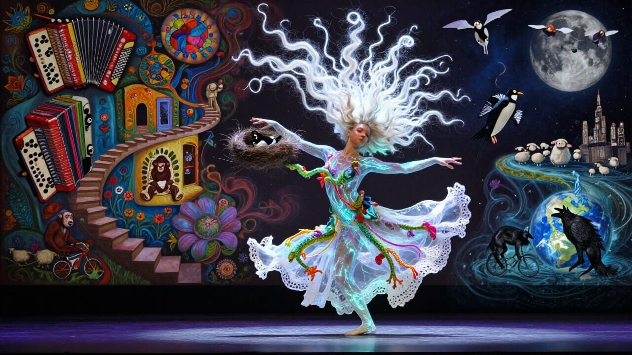 Double Exposure Dancer in Lace Lizards Dress Amidst Ink Flow