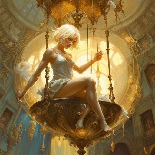 Blonde Girl on Chandelier in Modern Surrealist Style