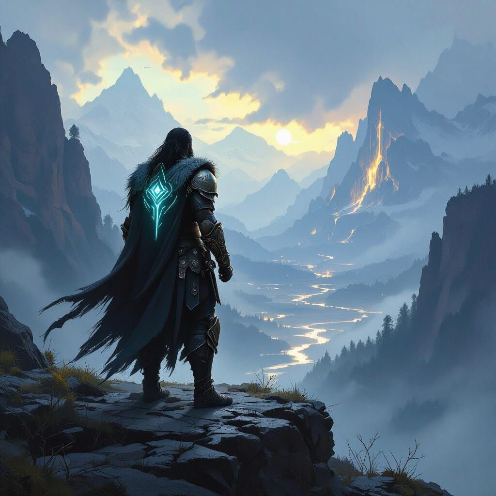 Lone Warrior Overlooking Mystical Valley in Nordthra Style